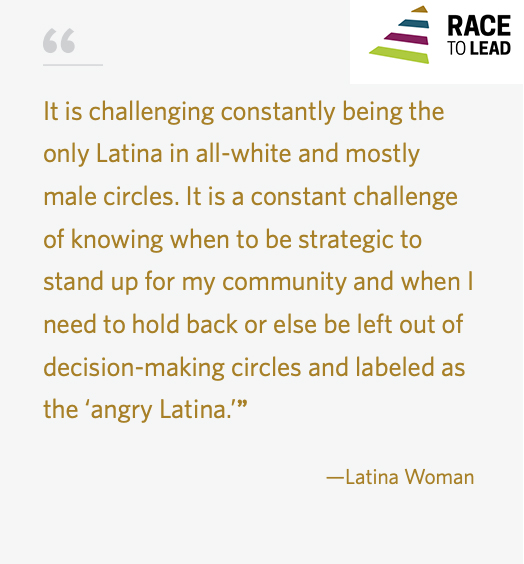 Text reads: It is challenging constantly being the only Latina in an all-white and mostly male circles. It is a constant challenge of knowing when to be strategic to stand up for my community and when I need to hold back or else be left out of decision-making circles and labeled as the 'angry Latina' -Latina Woman. Up top is the Race to Lead logo.